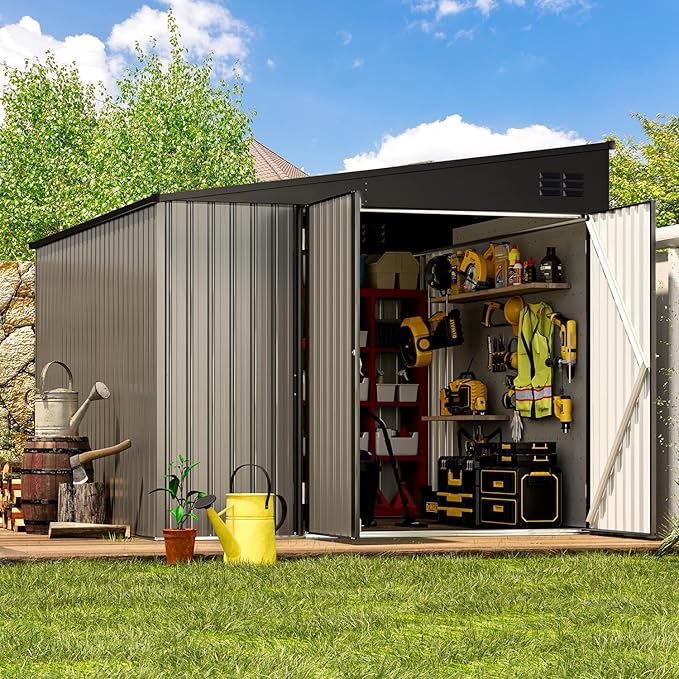 AECOJOY Shed Lean to Storage Shed, Large Outdoor 8' x 10' Metal Wall Side Bike Shed & Outdoor Storage, Garden Storage Cabinet for Backayrd, Patio and Outdoor Use in Grey