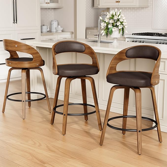 Swivel Bar Stools Set of 3, 26" Counter Height Bentwood Barstool, Mid-Century Modern PU Leather Upholstered Bar Chair with Back and Footrest, for Kitchen Island, Bar, Cafe, Dining Room, Brown