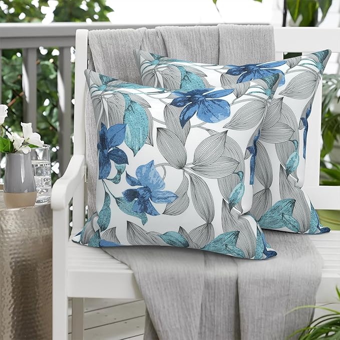 Pack of 2 Patio Throw Pillow Covers ONLY, Water Repellent Cushion Cases 20x20 Inch, Square Pillowcases for Outdoor Couch Decoration, Clemens Noir Blue
