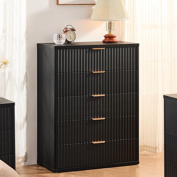 LEYAOYAO Fluted 5 Drawers Dresser for Bedroom Set of 2, 41" Tall Modern Chest of Drawers with Metal Handle, Curved Profile Design,Black Wood Drawer Organizer for Bedroom, Living Room, Hallway