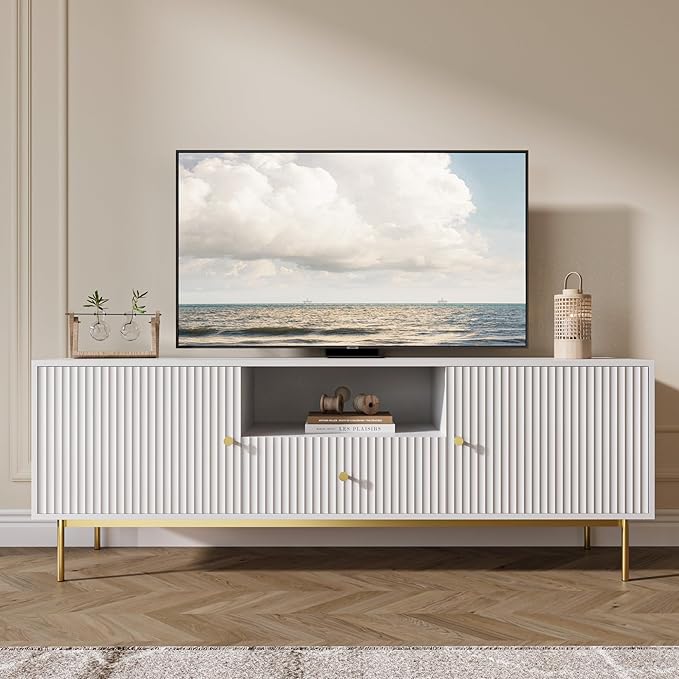 Fluted TV Stand, Modern TV Stand for 70 Inch TV, Entertainment Center with 2 Storage Cabinets, Fluted Panel Media Console for Living Room, Bedroom, Office, White