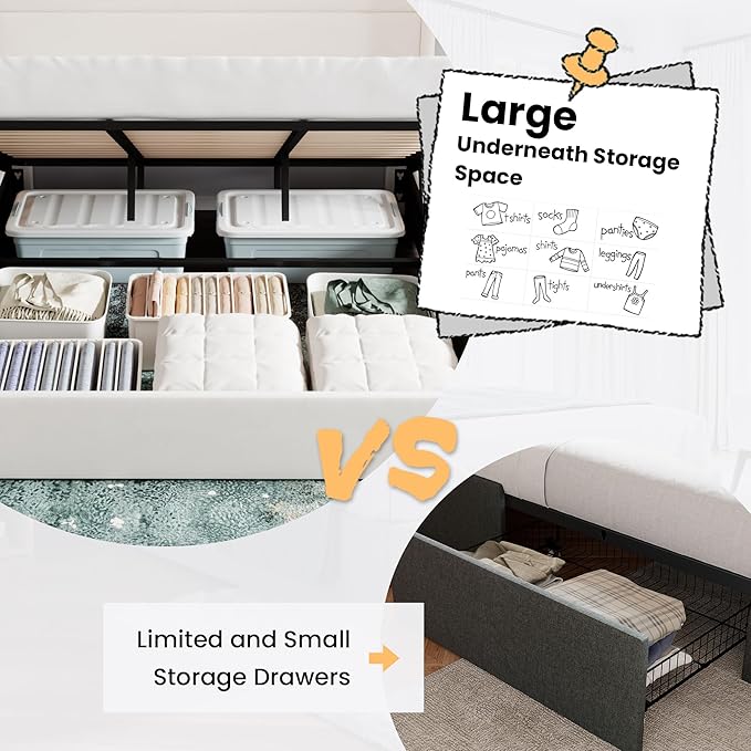 SHA CERLIN King Size Lift Up Storage Bed/Velvet Upholstered/Modern Wingback Headboard/Upholstered Platform Bed Frame/Hydraulic Storage/No Box Spring Needed/White