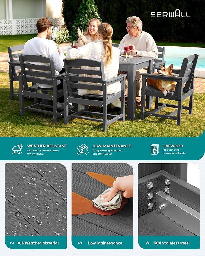 SERWALL Patio Dining Set for 4, Outdoor Dining Sets for 4 Person with 1 Umbrella Hole Cut-Out Rectangular Table and 6 Chairs, HDPE Dining Sets for Garden, Backyard, Poolside, Gray