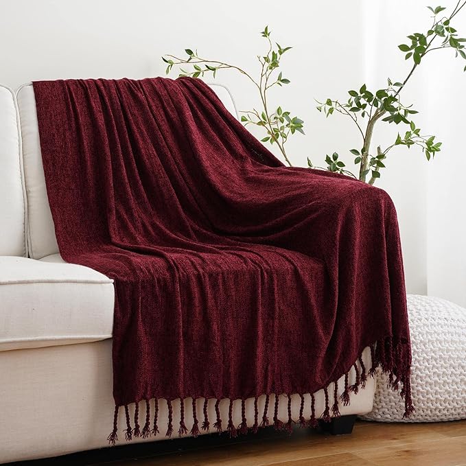 BATTILO HOME Burgundy Chenille Throw Blanket, Decorative Red Knit Throw with Fringe, Lightweight for Christmas Decor, 50"x60"