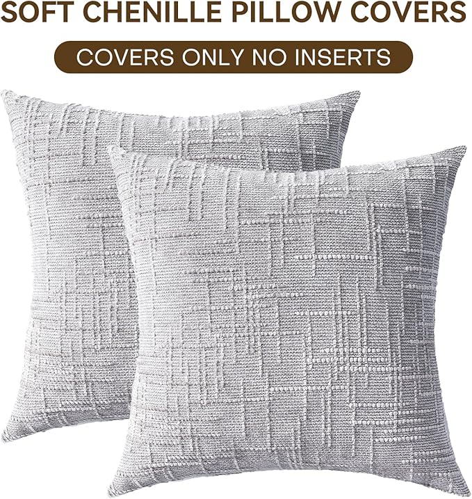 Decorative Throw Pillow Covers 16x16 Inch Set of 2, Soft Solid Farmhouse Chenille Couch Pillows, Spring Pillow Covers for Couch Sofa Bed Living Room Home Decor Pillowcase, Light Gray