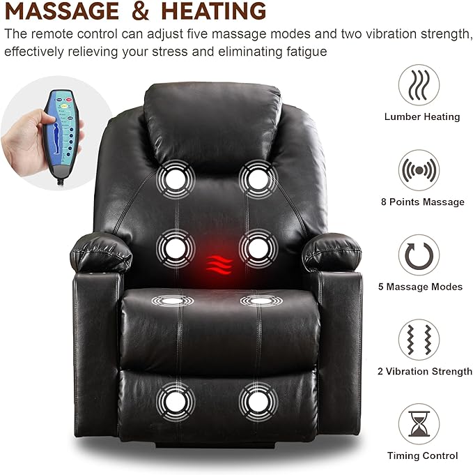 SALOHZA Power Lift Recliner Chair for Elderly with Massage and Heat for Living Room, Electric Recliner Chair for Adults with USB/Type C Port/Cup Holders, PU Faux Leather, Black