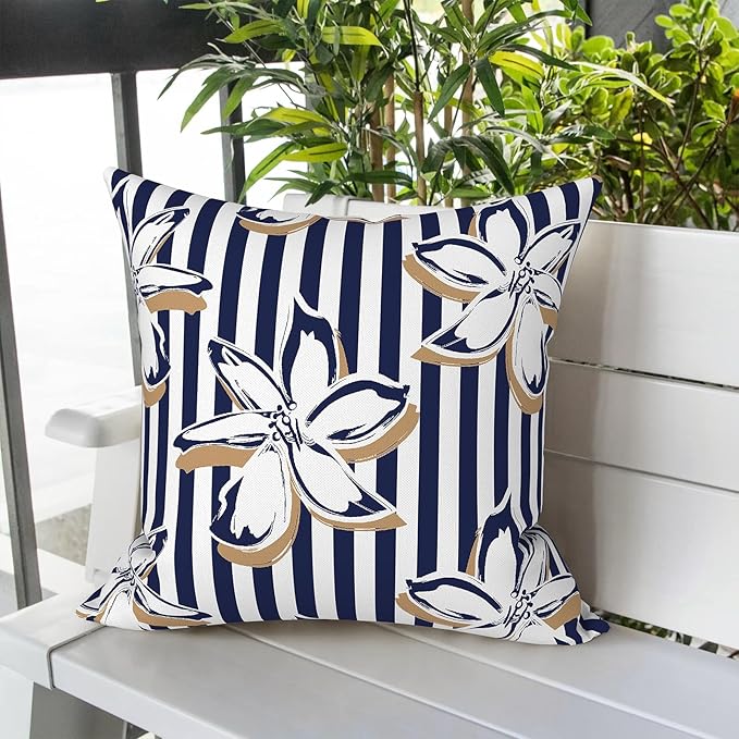 LVTXIII Outdoor/Indoor Throw Pillows, Decorative Throw Pillows with Inserts, 18"x18" Square Pillows for Bed, Couch, Sofa and Patio Furniture, Set of 2, Clemens Cabana Navy