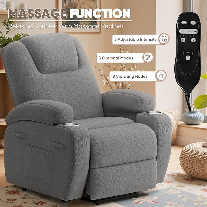 Power Lift Recliner Chair with Massage Electric Lift Chair for Elderly, Ergonomic Recliner with Cup Holders & Side Pockets, Modern Single Sofa for Living Room (Fabric, Grey)