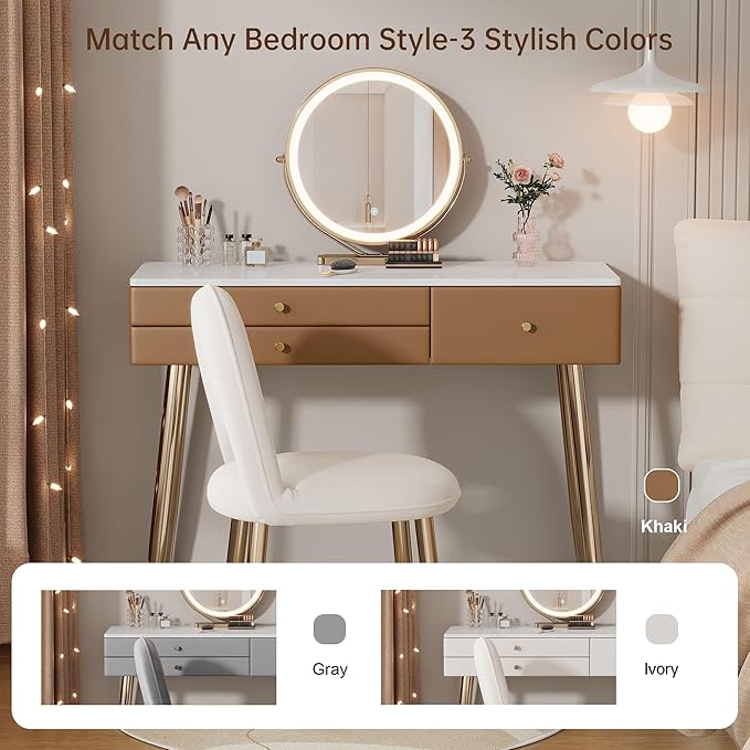 Modern Vanity Desk with Mirror and Lights| 39" Khaki Makeup Vanity Set with Adjustable Chair & Drawers| White and Gold Dressing Table for Small Spaces & Bedroom