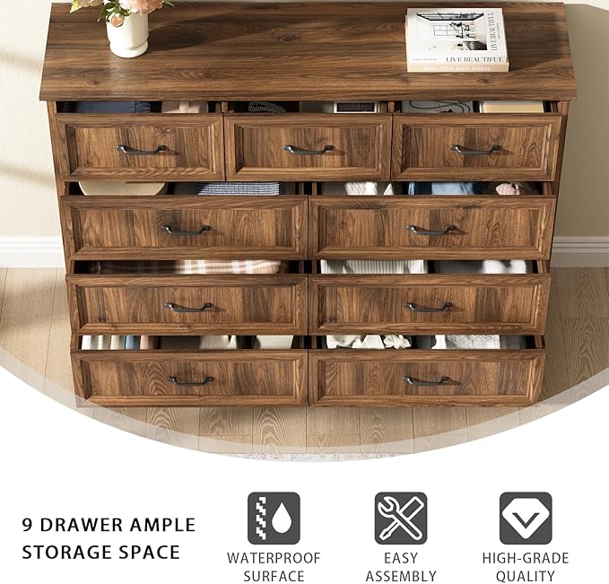 Farmhouse 9 Drawer Dresser for Bedroom, 55 Inch Wide Modern Walnut Dresser TV Stand with Large Drawers & Bar Handles, Rustic Wood Chest of Drawers for Bedroom, Living Room, Hallway, Entryway.