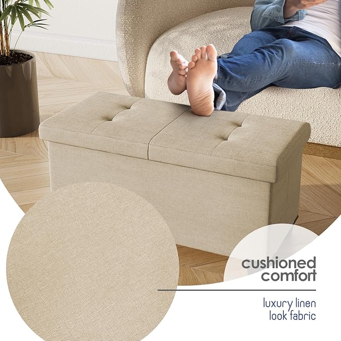 STORAGEBUD Storage Ottoman Bench with Bins, 30-in Storage Bench for Bedroom End of Bed, Folding Foot Rest Ottoman for Living Room Max 660lbs, Fabric Ottomans, Beige