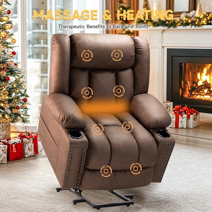 Large Power Lift Chair Recliner for Elderly with Heated and Massage, Overstuffed Adjustable Lift Chair, 3 Position, Breathable Leather, USB-A&USB-C, Cup Holder (Small-7523, Chocolate)