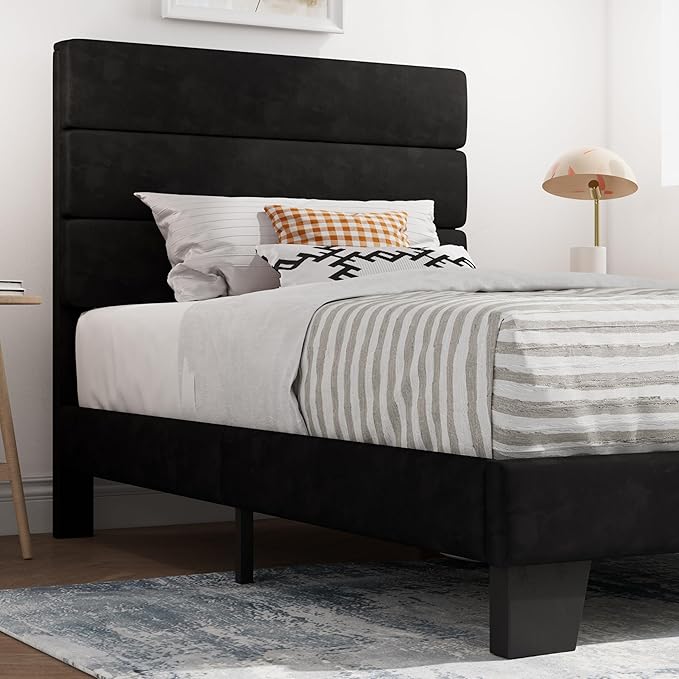 SHA CERLIN Twin Platform Bed Frame with Velvet Upholstered Headboard, Mattress Foundation with Strong Wooden Slats Support, No Box Spring Needed, Black