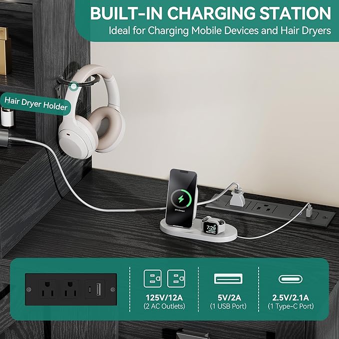 YITAHOME 48'' Farmhouse Makeup Vanity Desk with Mirror and Lights, 68'' 360° Rotation Big Modern Lighted Vanity Table with 6 Drawers & Lots Shelves, Rustic Large Dressing Table, Antique Black