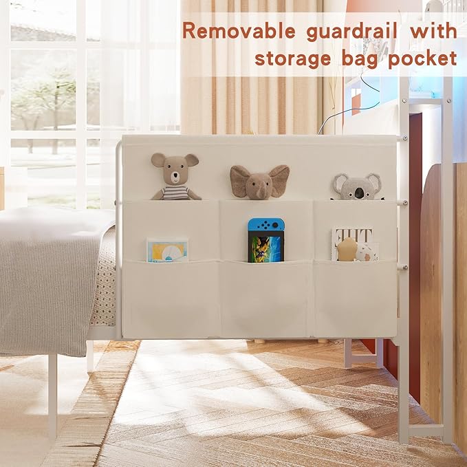 Maupvit Twin Bed Frame with Storage Headboard and Drawer,Upholstered Platform Bed Frame with LED Lights & Charging Station,Twin Size Bed with Guardrail,No Box Spring Needed,Beige