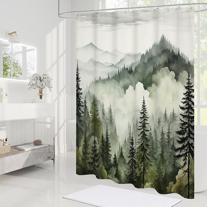 Dark Green Misty Pine Forest Shower Curtain, Mountain Foggy Woodland Scenery Tree Shower Curtains for Chic Rustic Bathroom, Abstract Modern Waterproof Nature-Themed Decor, 72x72 Inches