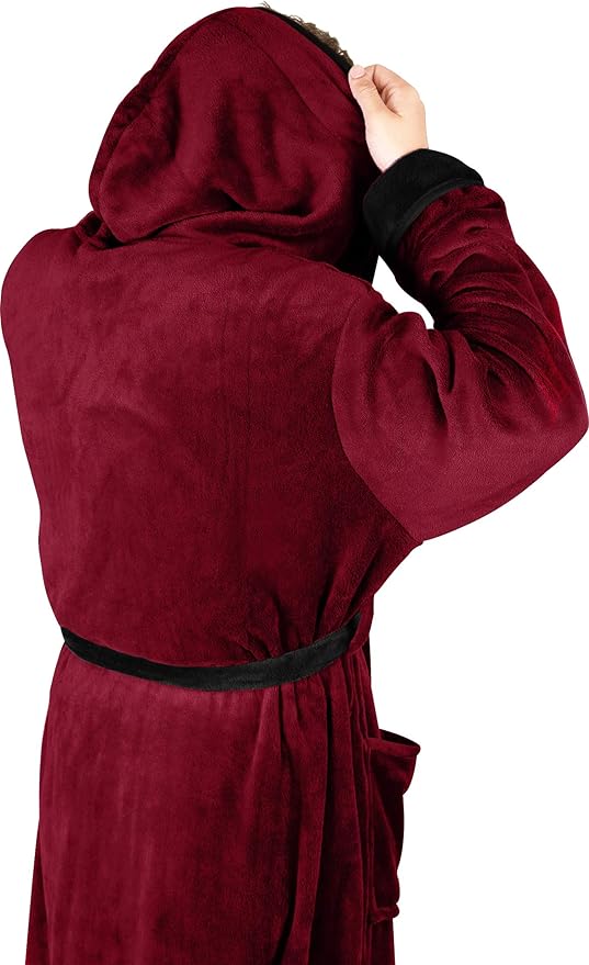 NY Threads Mens Robe with Hood, Luxury Plush Fleece Hooded Mens Bathrobe, Spa Bath Robe for Men
