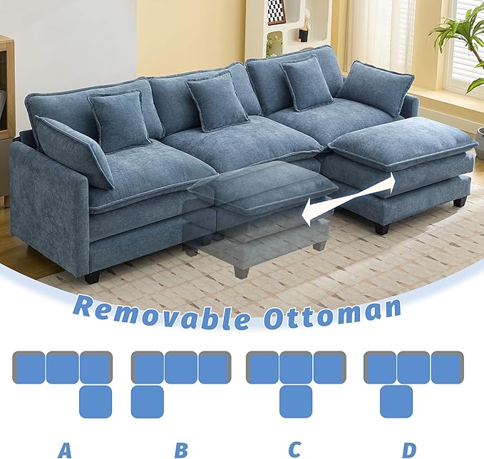 111'' Sectional Cloud Deep Seat Couch, Modern Comfy Chenille L Shaped Sectional Sofa for Living Room Set, Upholstered Modular 4-Seats Sofa Couch with Movable Ottoman, Blue