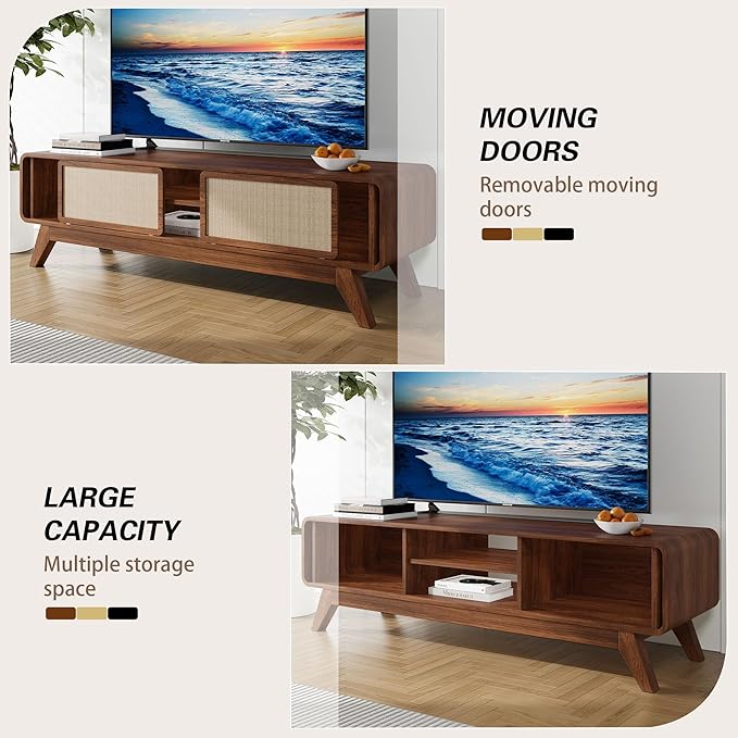 AVZEAR Mid Century Modern TV Stand for TVs up to 65'', Farmhouse Entertainment Center with Storage, TV Cabinet Table with Nature Linen Doors, Media Console TV Consoles for Living Room Bedroom (Walnut)