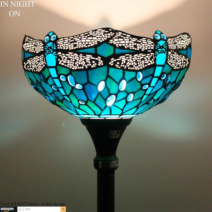 WERFACTORY Tiffany Floor Lamp Green Stained Glass Dragonfly Light 12X12X66 Inches Pole Torchiere Standing Corner Torch Uplight Decor Bedroom Living Room Home Office S622 Series (B)