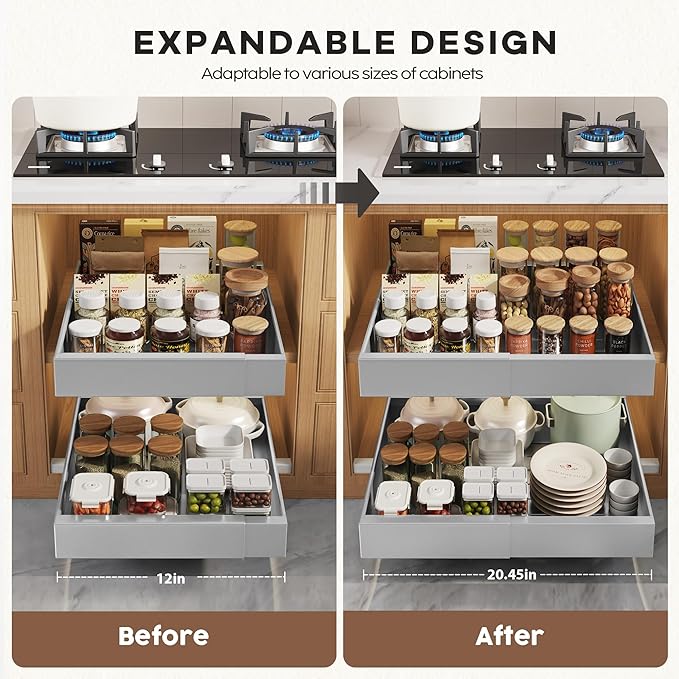 2 Pack Pull Out Cabinet Organizers 21"Deep With Raising Pad for Framed Cabinets,Expandable Slide Out Drawers Upgrade 3 Slide Rails,Roll Out Shelves Adhesive,Adjustable Width 12"-20.45" Silver