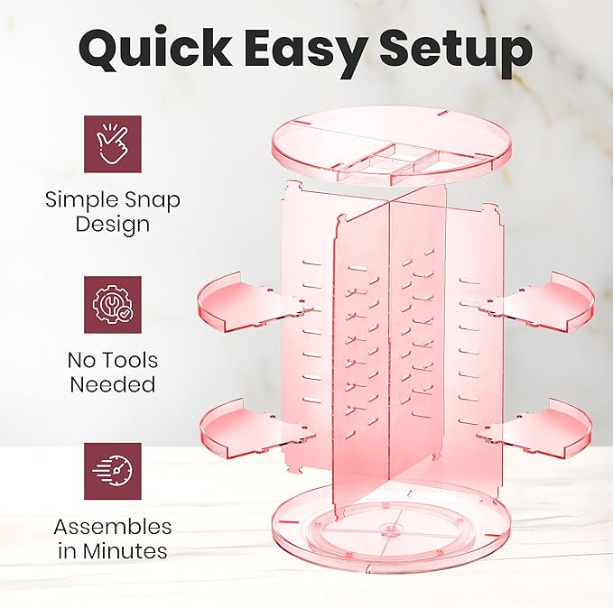 360 Rotating Makeup Organizer - Adjustable Shelf Height and Fully Rotatable - The Perfect Round Spinning Cosmetic Organizer for Bedroom Dresser or Vanity Countertop Storage (Pink)