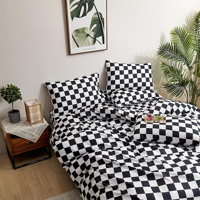 CLOTHKNOW California King Comforter Set Black Grid 3Pcs Bedding Comforter Sets Checker Comforter Black and White Comforter Sets Cal King
