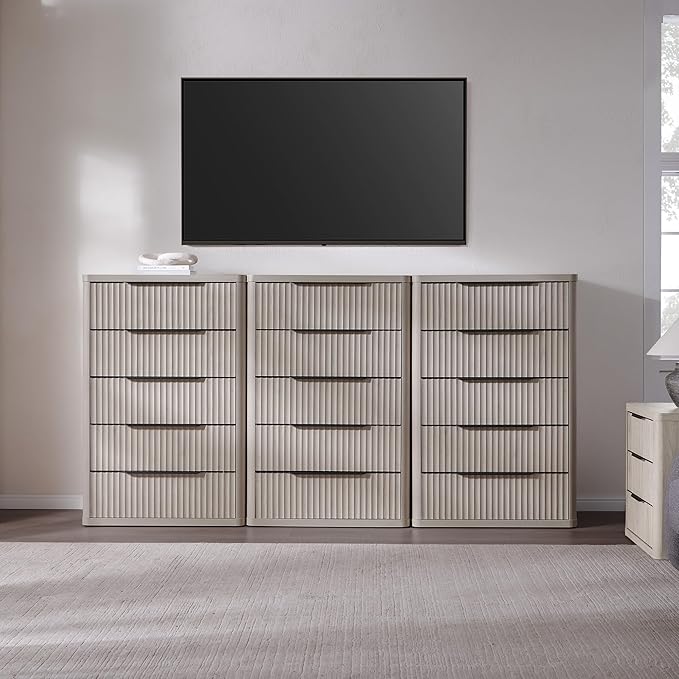 SICOTAS Dresser for Bedroom - Tall Dressers & Chests of Drawers with 5 Drawers Large Modern Dresser for Closet Fluted Wide TV Stand Clothes Closet Storage for Bedroom Hallway Entryway, White Alder