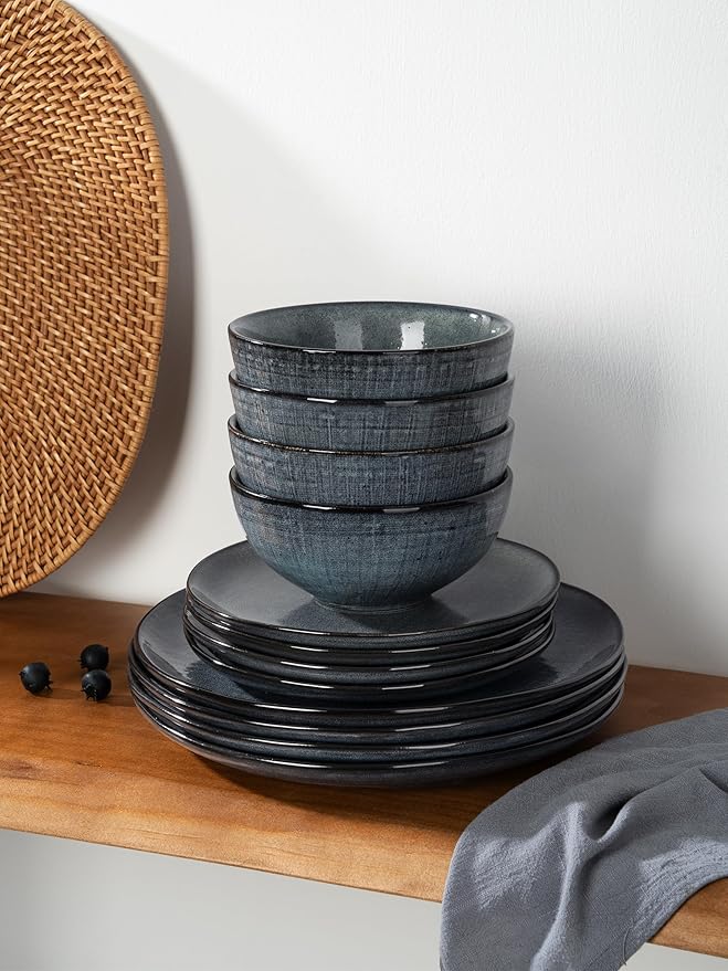 Famiware Moonlight Plates and Bowls Sets, 18 Pieces Stoneware Dinnerware Sets with Linen Finish, Handmade Dishware set for 6, Microwave and Dishwasher Safe, Scratch Resistant Tableware, Dark Blue