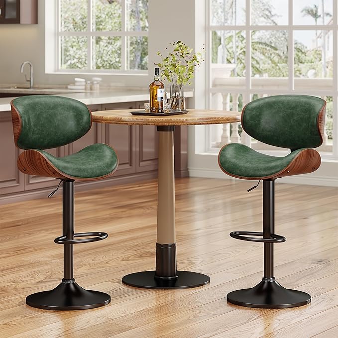 Bar Stools Set of 3, Bentwood Adjustable Height Swivel Bar Stools, PU Leather Upholstered Bar Chair with Back and Footrest for Bar, Kitchen, Green