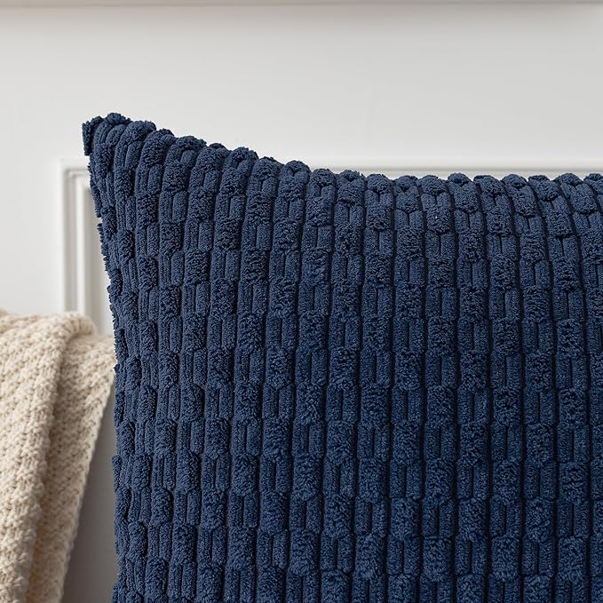 Kevin Textile Set of 2 Pillow Covers Solid Supersoft Corduroy Handmade Decorative Velvet Throw Pillow Cushion Cover for Bed 12x20 Inch Navy Blue
