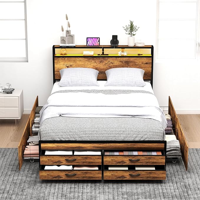 Queen Size Bed Frame with 8 Storage Drawers, Sturdy Queen Platform Bed with Wooden Headboard & Footboard, Noise-Free Design, No Box Spring Required, Brown