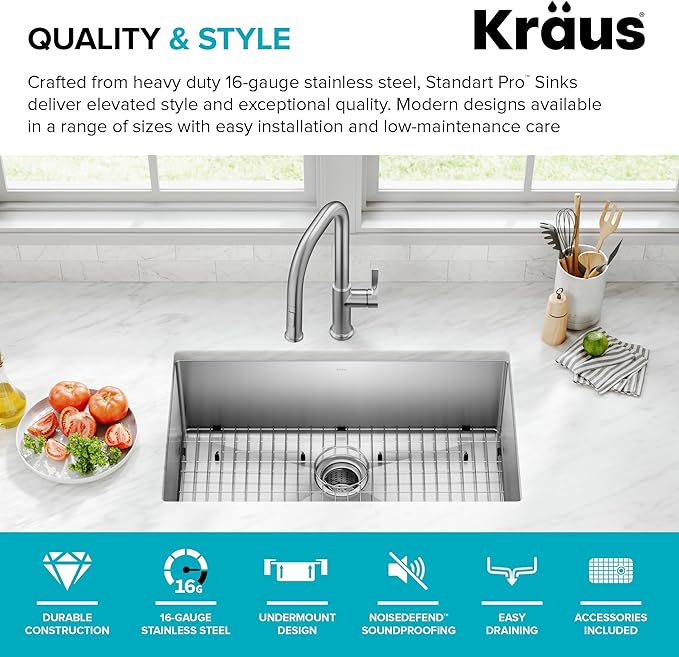 KRAUS Standart Pro 30 -inch Undermount Single Bowl 16 Gauge Stainless Steel Kitchen Sink, KHU100-30