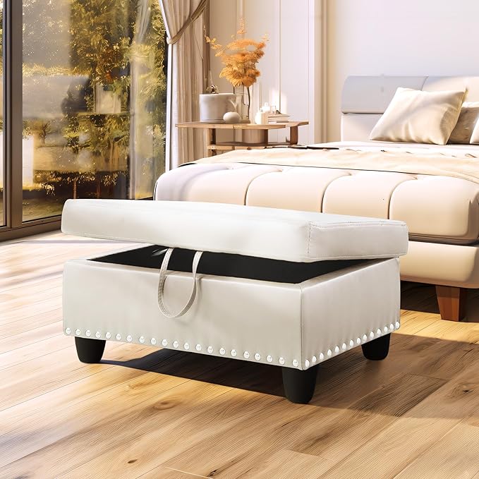 Ottoman Rectangular Storage Ottoman Bench, Faux Leather Footrest, Coffee Table, Stool Footstool with Hinged Lid for Living Room, Bedroom, Entryway, White, 28.5"x19"x17.5"