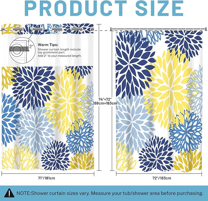 No Hook Shower Curtain with Snap in Liner - Dahlia Floral Shower Curtain - Fabric Waterproof Inner Liner, Plants Yellow Navy Blue Flowers Cloth Shower Curtains - Machine Washable, 71 x 74