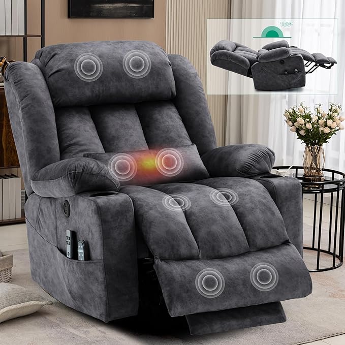 VIVIJASON Tall Man Large Dual Motor Power Lift Recliner Chair with Extended Footrest, Oversized Lay Flat Sleeper Electric Recliner W/Heat & Massage, Lumbar Pillow, USB & Type-C Ports, Plush Gray