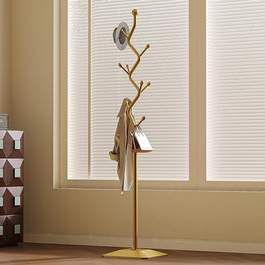 Coat Rack Freestanding gold Coat Tree with 8 Hooks, Creative Design Tree Branch-look, Standing Coat Rack Coat Hanger Stand with Stury cast iron Base for Entryway, Hallway, Bedroom (gold)