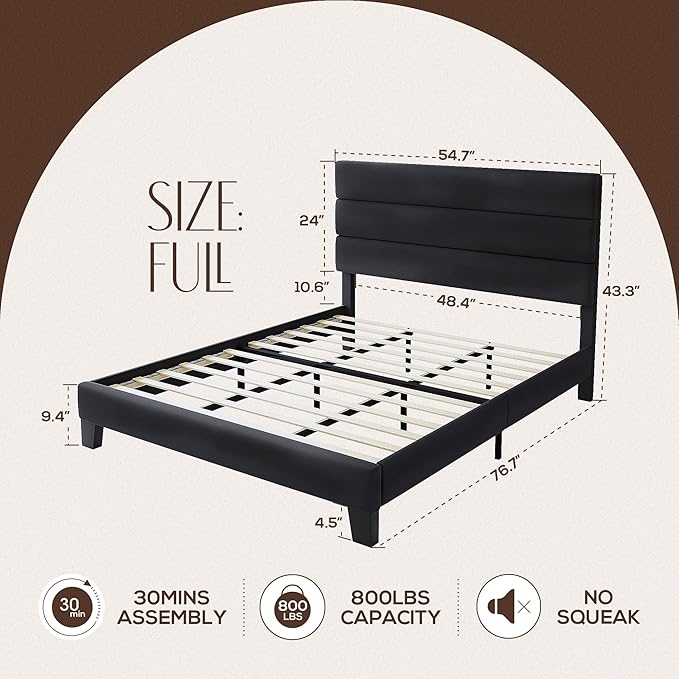 WEEWAY Full Size Bed Frame Platform Bed with Velvet Upholstered Headboard and Wooden Slats Support, Heavy Duty Mattress Foundation, No Box Spring Needed, Easy Assembly, Black