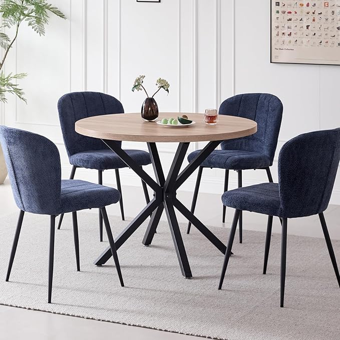 39" Round Dining Table Set for 4, Mid Century Kitchen Table with 4 Upholstered Accent Dining Chairs for Apartment Living Room Space Saving