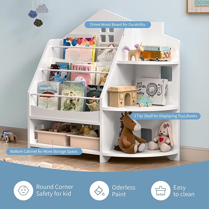 3 Tier Kids Bookshelf Bookcase, House Shape Book Shelf for Kids Rooms Nursery, Montessori Bookshelf, Kids Book Shelf and Toy Storage for Toddler Children, White