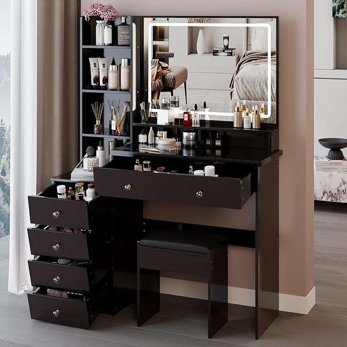 41" Vanity Desk with Mirror and Lights, Makeup Table with Led Mirror, 3 Lighting Colors, Vanity Set with Drawers and Stool for Bedroom, Black