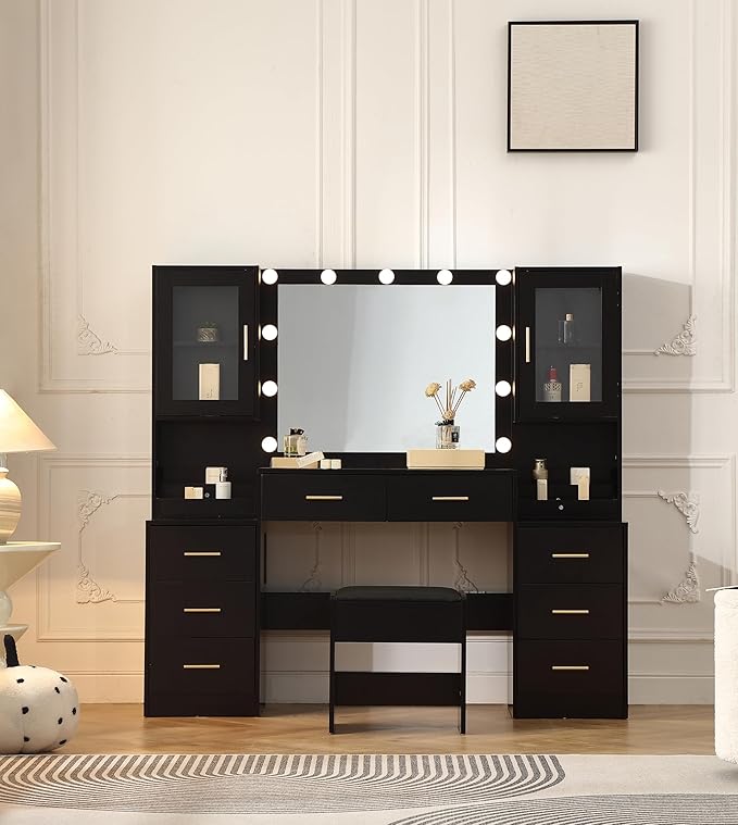 Extra Large Vanity with Folding Up Mirror and Lights,58.3'' Makeup Vanity Desk with Mirror and Lights,Outlet, Chair and Two Makeup Organizers,Dressing Table for Bedroom,Black