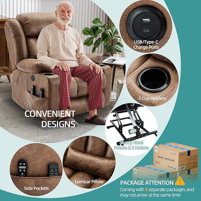 MEETWARM Oversized Dual Motor Lay Flat Power Lift Recliner Chair for Big Elderly with Heat Massage, Large Sleeping Electric Recliner with Extended Footrest, Lumbar Pillow, USB & Type-C Ports, Brown