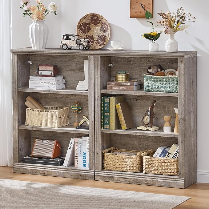 43" Grey Tall Bookshelf Set of 4,3-Tier Thick Wooden Book Shelf with Adjustable Shelves,Free Standing Farmhouse Bookcase with Open Display Storage,Floor Vintage Bookshelves for Living Room