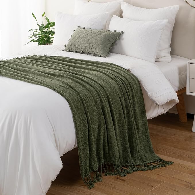 BATTILO HOME Olive Green Throw Blanket for Couch Bed Sofa, Soft Cozy Chenille Throw Blanket with Fringe Tassels, Lightweight Knit Throw Blanket for Home Decor, 50"x60"