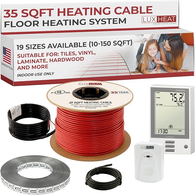 35sqft Floor Heating Cable Kit - 120v Heated Floor Kit for Tile - Heated Flooring System Includes UDG Programmable Thermostat w/GFCI, Electric Heating Cable, Strapping, Sensor & Alarm