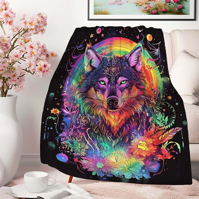 Wolf Blanket for Adults, Wolf Gifts for Women and Men, Perfect Animal Colorful Home Decor, Lightweight Fleece, 50x60 Inches