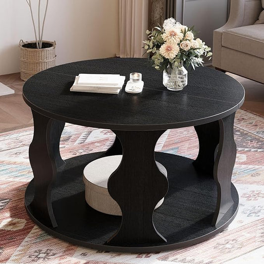 HSH Black Round Coffee Table, Modern Wood Circle Center Table for Living Room, Unique Rustic Wooden Circular Coffee Table with Storage, 2-Tier Accent Cocktail Tea Tables in Small Room, 31.5 in, Oak