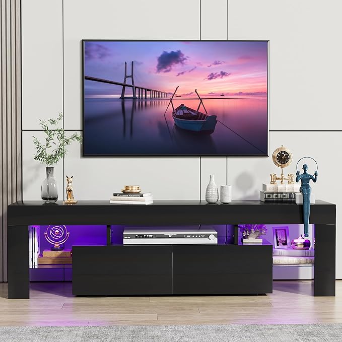 JUMMICO TV Stand, Modern Lighting TV Cabinet Entertainment Center Media and Open Shelf, TV Console Table with 1 Drawer and Remote Control, 20 Color LED Lights up to 70 Inch TV (Black)