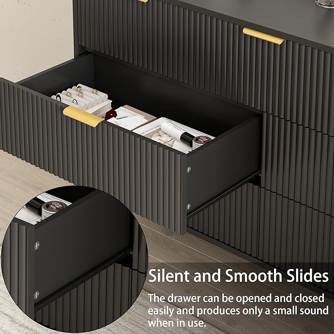 Black Dresser for Bedroom, 7 Drawers Dresser with Golden Handles, Modern Wood Chest for Living Room, Hallway, Entryway